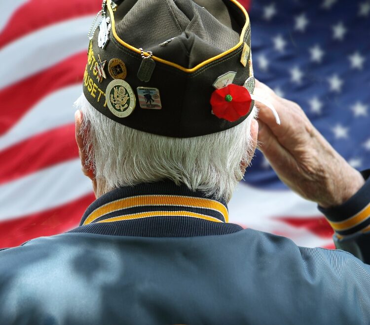 A white hair retired veteran salutes the American flag