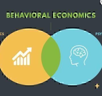 Behavioral Economics graphic image of Venn Diagram graph chart right side, profile of head outline with brain