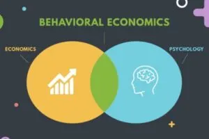 Behavioral Economics graphic image of Venn Diagram graph chart right side, profile of head outline with brain
