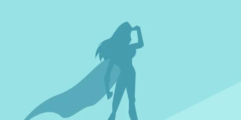 Light blue background with dark blue silhouette of super woman