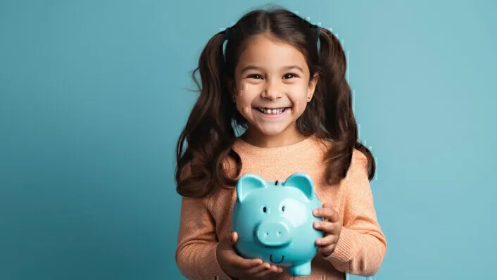 Young girl with pigtails, smiling while holding ceramic piggy bank