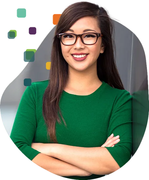 Your Money Guide Young Asian woman with glasses in green sweater, arms crossed.