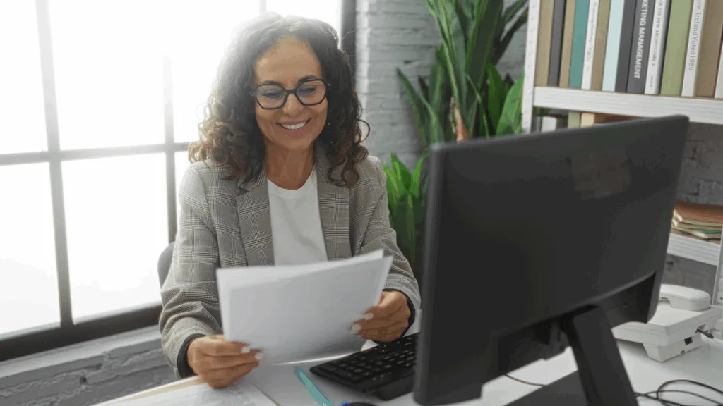 A woman in glasses working at a computer in the office.
