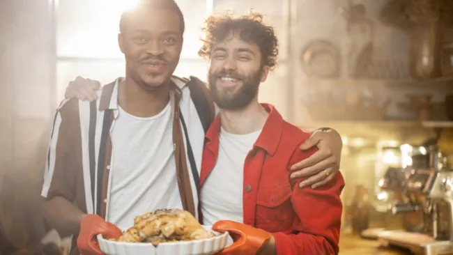 Two men holding turkey dish